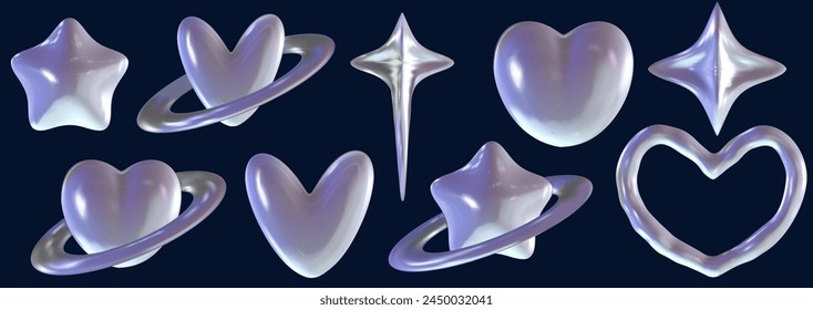 3D Chrome heart y2k set element. Silver Heart and star retro aesthetic. Trendy 3d metal vector. Chrome holographic elements. 