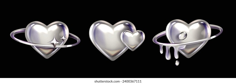 3D chrome heart y2k shape set, vector silver liquid love icon futuristic metal glossy steel sticker. Future galaxy retro aesthetic trendy objects cyber metallic reflection cosmic collection. 3D chrome