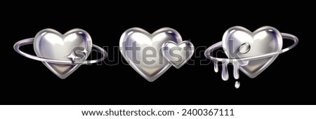 3D chrome heart y2k shape set, vector silver liquid love icon futuristic metal glossy steel sticker. Future galaxy retro aesthetic trendy objects cyber metallic reflection cosmic collection. 3D chrome