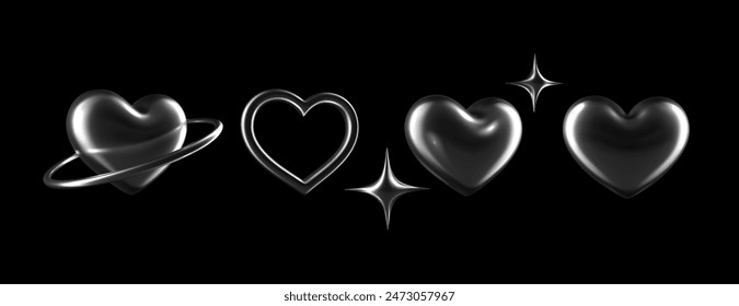 3d chrome hearts and star shapes with sleek metallic silver surfaces on black background. Isolated abstract elements in y2k style for love, valentine, romantic themes, adding a futuristic glossy touch