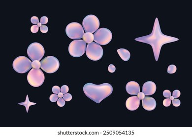 Corazones de cromo 3d, estrellas, flores de margarita, en estilo Y2K aislado en negro. Estética de la galaxia del futuro, arte de la burbuja del cromo 3D.