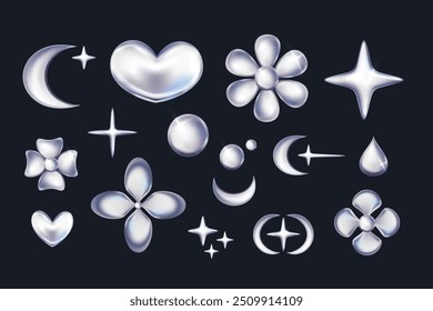 3d Chrome Hearts, Stars, Daisy Flowers in Y2K style isolated on black. Future galaxy aesthetic, 3D chrome bubble art. Metal glossy sticker set.