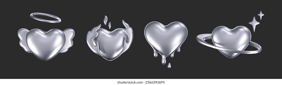 3d chrome hearts in y2k style isolated on dark background. Render of 3d silver hearts with galaxy planet, stars, fire flame, angel wings and glossy effect. 3d vector y2k illustration