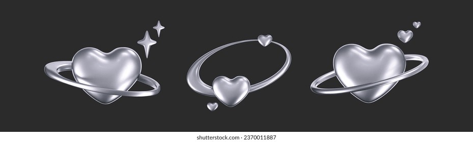 3d chrome hearts in y2k style set isolated on a dark background. Render of 3d silver hearts with galaxy planet, stars and glossy effect. 3d vector y2k illustration