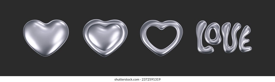 3d chrome hearts in y2k style set isolated on a dark background. Render of 3d silver hearts with love text and glossy gradient effect. 3d vector y2k illustration