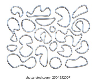 3d chrome holographic abstract figure. Silver metal curve element isolated. Y2k fluid wave, squiggle, flow swirl, 3d path, doodles. Dynamic line shapes. Set vector trend 3d illustration