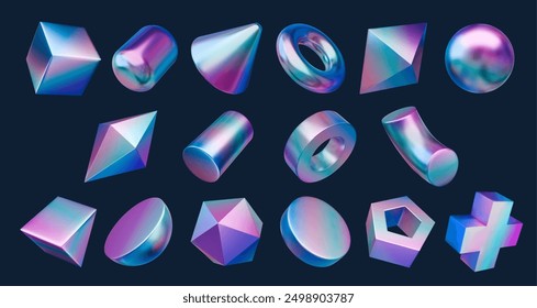 3d chrome holographic iridescent metal shapes, rainbow gradient figures. Vector cube, cylinder, sphere, cone and torus, pyramid, octahedron, hemisphere or prism. Tetrahedron, dodecahedron or ellipsoid