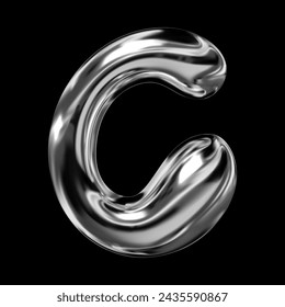 3D chrome letter C from English alphabet, Y2K retro typeface with inflated balloon bubble font style, rendered in liquid metal with glossy shiny fluid surface, vector isolated