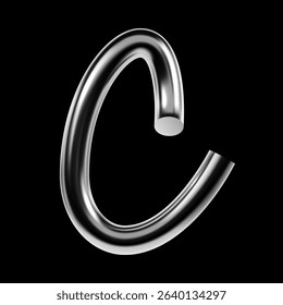 3D chrome letter C with glossy metallic surface and curved shape in Y2K style. Futuristic vector letter from techno display typeface with reflective highlights