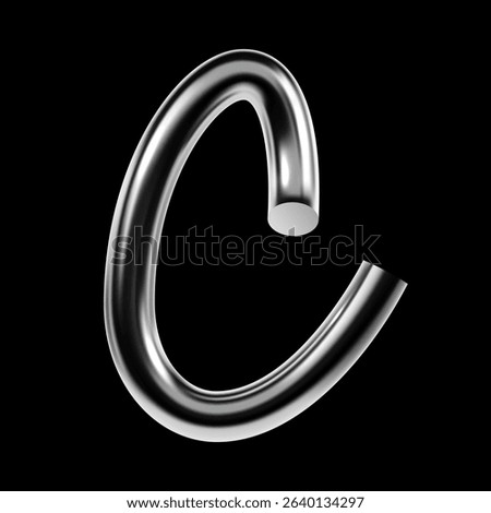 3D chrome letter C with glossy metallic surface and curved shape in Y2K style. Futuristic vector letter from techno display typeface with reflective highlights
