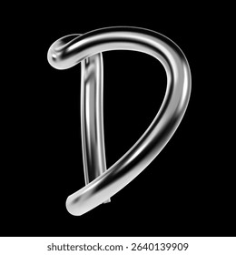3D chrome letter D with glossy metallic surface, curved shape and reflective highlights. Futuristic Y2K techno character in vector typeface design