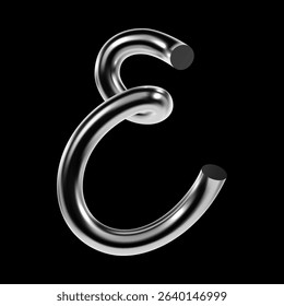 3D chrome letter E with glossy metallic surface and twisted tubular shape. Reflective futuristic character in techno Y2K style from decorative display typeface