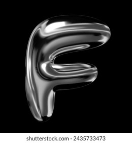 3D chrome letter F from English alphabet, Y2K retro balloon bubble typography font, liquid metal with glossy shiny surface, fluid vector isolated form 