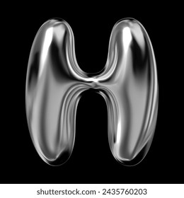 3D chrome letter H from English alphabet, Y2K retro typeface with inflated balloon bubble font style, rendered in liquid metal with glossy shiny fluid surface, vector isolated