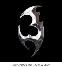 3D chrome letter J with sharp metallic tribal forms, reflecting a dark y2k cybersigilism aesthetic