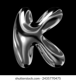 3D chrome letter K from English alphabet, Y2K retro balloon bubble typography font, liquid metal with glossy shiny surface, fluid vector isolated form 