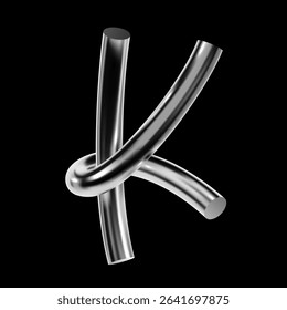 3D chrome letter K with glossy metallic surface and twisted tubular form. Futuristic Y2K shape with reflective curves in techno style