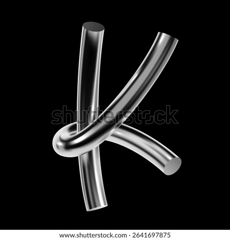 3D chrome letter K with glossy metallic surface and twisted tubular form. Futuristic Y2K shape with reflective curves in techno style