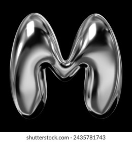 3D chrome letter M from English alphabet, Y2K retro typeface with inflated balloon bubble font style, rendered in liquid metal with glossy shiny fluid surface, vector isolated