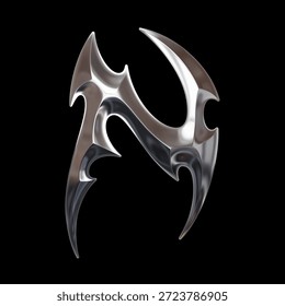 3D chrome letter N with sharp tribal geometry and reflective metallic surface in futuristic cybersigilism aesthetic