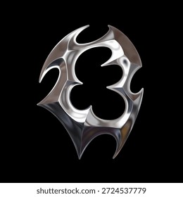 3D cromo letra O com geometria tribal afiada e superfície metálica reflexiva em futurista cibersigilismo estética