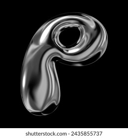 3D chrome letter P from English alphabet, Y2K retro balloon bubble typography font, liquid metal with glossy shiny surface, fluid vector isolated form 