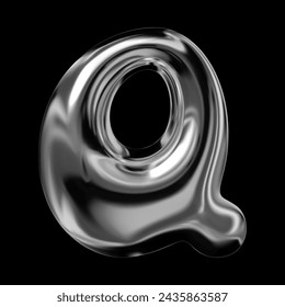 3D chrome letter Q of English alphabet, Y2K retro typeface with inflated balloon bubble font style, liquid metal texture, glossy shiny fluid surface, vector isolated