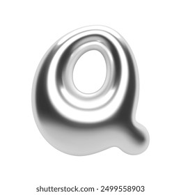 3D chrome letter Q with shiny silver glossy surface in futuristic Y2K bubble style. Isolated alphabet character, inflated liquid metal form. Trendy vector render font for modern typography and design