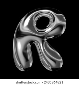 3D chrome letter R from English alphabet, Y2K retro typeface with inflated balloon bubble font style, rendered in liquid metal with glossy shiny fluid surface, vector isolated