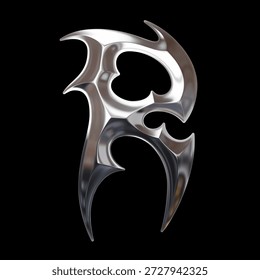 3D chrome letter R with sharp tribal forms, made of reflective metallic material and rendered as a sculptural typography symbol with a futuristic aesthetic