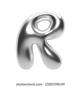 3D chrome letter R with shiny silver glossy surface in futuristic Y2K bubble style. Isolated alphabet character, inflated liquid metal form. Trendy vector render font for modern typography and design