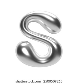 3D chrome letter S with shiny silver glossy surface in futuristic Y2K bubble style. Isolated alphabet character, inflated liquid metal form. Trendy vector render font for modern typography and design