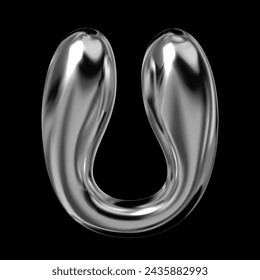 3D chrome letter U from English alphabet, Y2K retro balloon bubble typography font, liquid metal with glossy shiny surface, fluid vector isolated form 