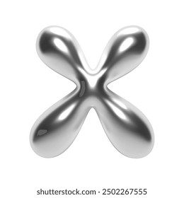 3D chrome letter X in futuristic Y2K bubble style. Inflated liquid metal form with shiny silver glossy surface. Isolated alphabet letter from trendy vector render font for modern typography and design