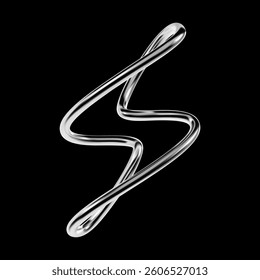 3D chrome lightning bolt isolated on black background. Futuristic Y2K abstract metal shape, metallic silver glossy curve, twisted pipe design element