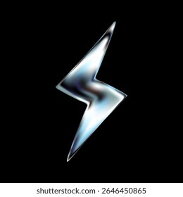 3D chrome lightning thunderbolt icon in Y2K retro. Glossy metallic shape with electric energy effect. Silver, aluminum or steel element. Futuristic flash symbol. Vector render style.