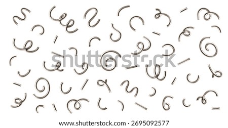 3d chrome line confetti set. Squiggle, spiral, wavy doodle shape, line element isolated. 3d balloon confetti pattern. Doodle kid party decoration. Vector illustration
