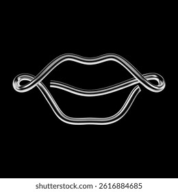 3D chrome lips shape in Y2K style. Glossy metallic line element isolated on black background. Futuristic abstract symbol with silver wire effect