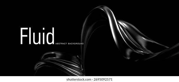 3d chrome liquid abstract ribbon shape on black background. Futuristic gradient element, chrome metal ribbon, hologram wave. Spiral tech bg. Vector illustration