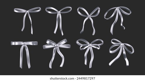 3d chrome liquid bow ribbon in y2k style isolated on a dark background. Render of the modern silver aesthetic bow knot, vintage girly hair accessory with reflection gradient effect. 3d vector y2k icon