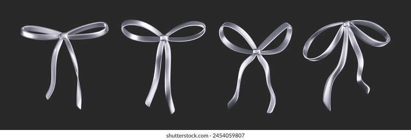 3d chrome liquid bow ribbon in y2k style isolated on a dark background. Render of the modern silver aesthetic bow knot, vintage girly hair accessory with reflection gradient effect. 3d vector y2k icon