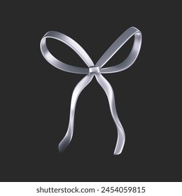 3d chrome liquid bow ribbon in y2k style isolated on a dark background. Render of the modern silver aesthetic bow knot, vintage girly hair accessory with reflection gradient effect. 3d vector y2k icon