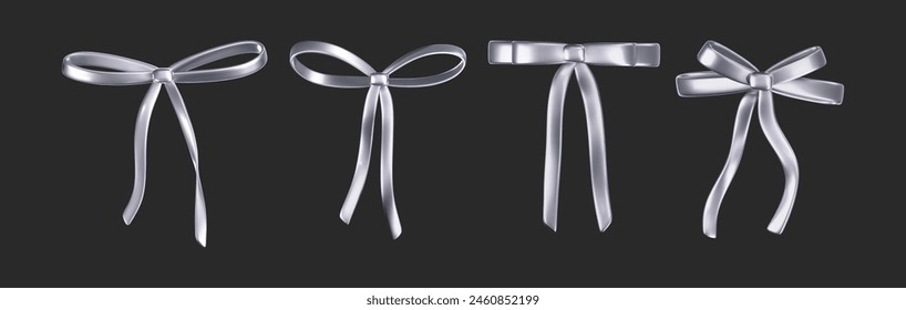 3d chrome liquid bow ribbon in y2k style isolated on a dark background. Render of the modern silver aesthetic bow knot, vintage girly hair accessory with reflection gradient effect. 3d vector y2k icon