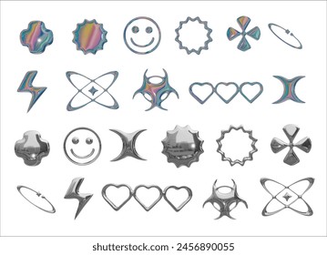 3D chrome liquid elements in Y2K style with rainbow refraction. A large set of 24 metal symbols in the trendy style of the 2000s