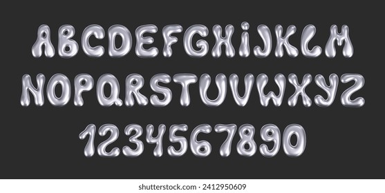 3d chrome liquid font in y2k style isolated on a dark background. Render of 3d metal inflated alphabet and numbers with glossy silver effect. 3d vector y2k typography letter