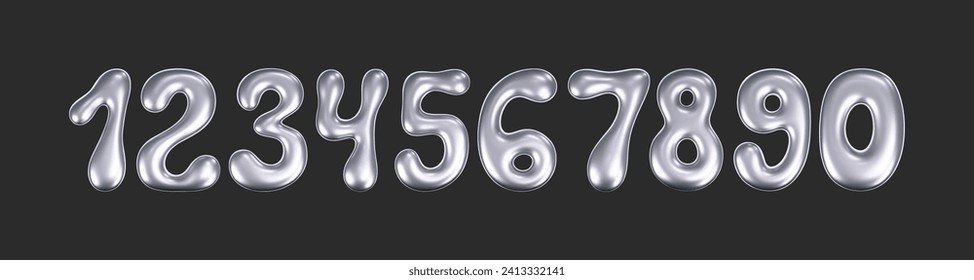 3d chrome liquid font in y2k style isolated on a dark background. Render of 3d metal inflated numbers with glossy silver effect. 3d vector y2k typography letter