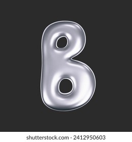3d chrome liquid letter B in y2k style isolated on a dark background. Render of 3d metal inflated bubble alphabet with glossy silver effect. 3d vector y2k typography letter