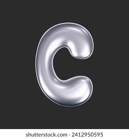 3d chrome liquid letter C in y2k style isolated on a dark background. Render of 3d metal inflated bubble alphabet with glossy silver effect. 3d vector y2k typography letter