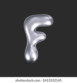 3d chrome liquid letter F in y2k style isolated on a dark background. Render of 3d metal inflated bubble alphabet with glossy silver effect. 3d vector y2k typography letter