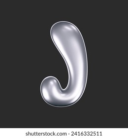 3d chrome liquid letter J in y2k style isolated on a dark background. Render of 3d metal inflated bubble alphabet with glossy silver effect. 3d vector y2k typography letter